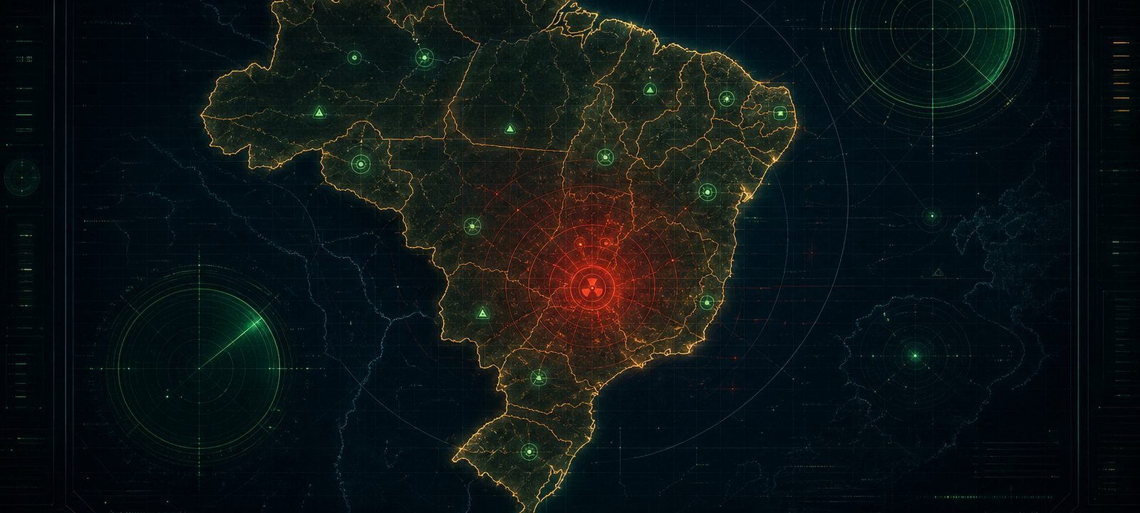 Painel tático escuro mostrando o mapa do Brasil com municípios delimitados e marcadores de operação